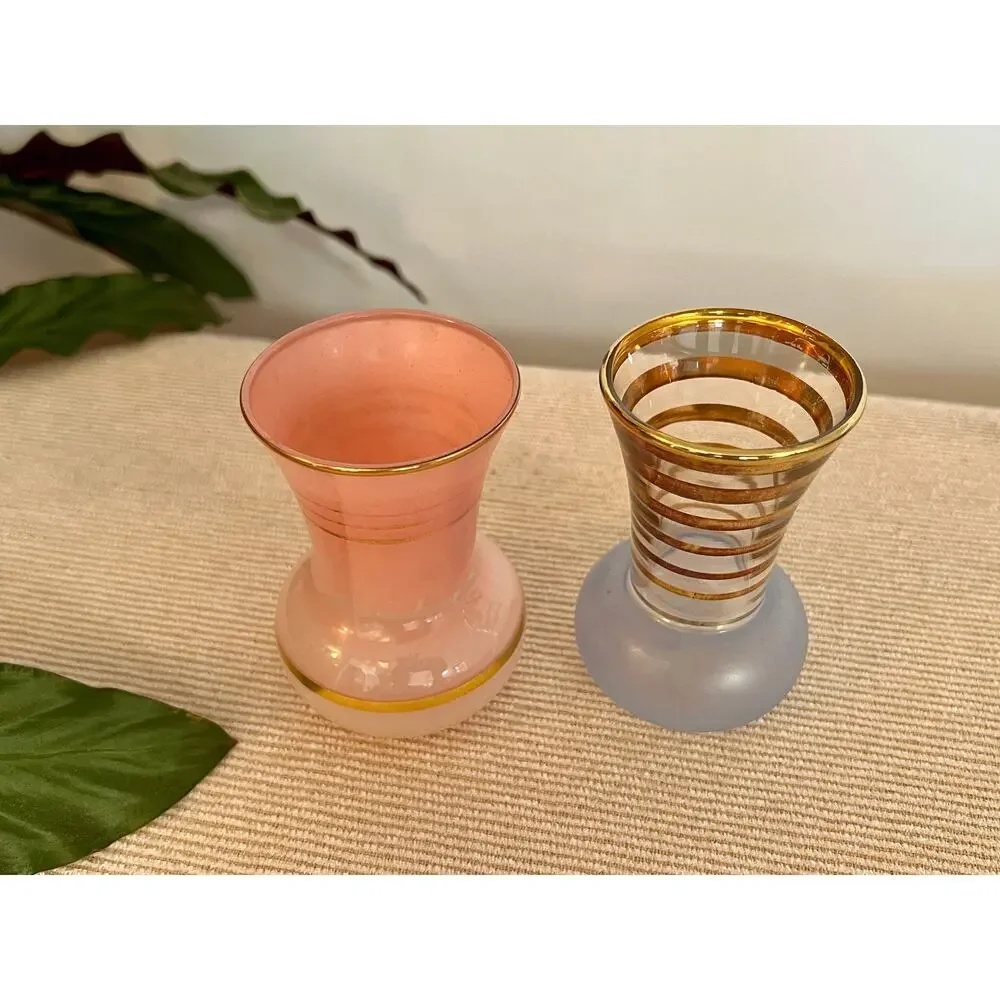 Vintage Glass Vases Pair Hollywood Regency Gold Stripe Pink Blue Mid Century
